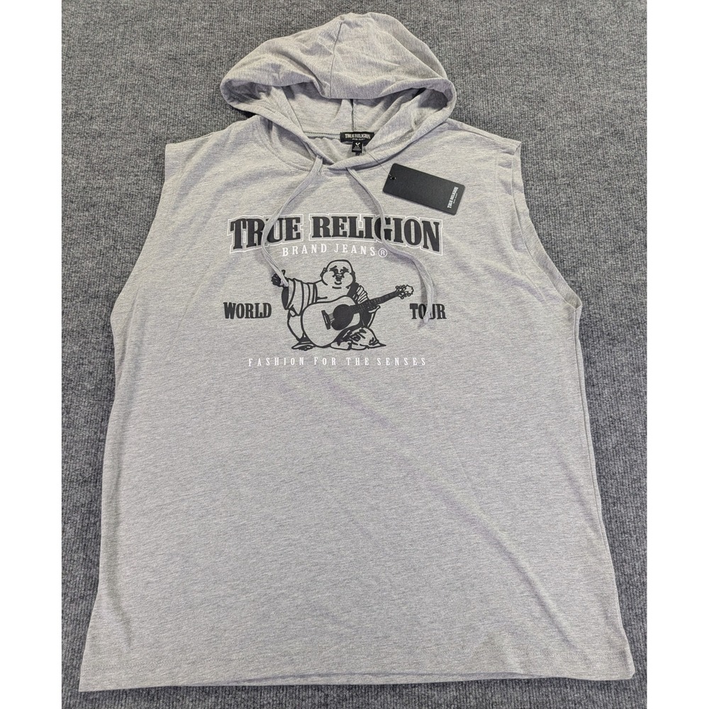 True Religion Mens Buddha World Tour Sleeveless Hooded Tank Top Heather Grey L